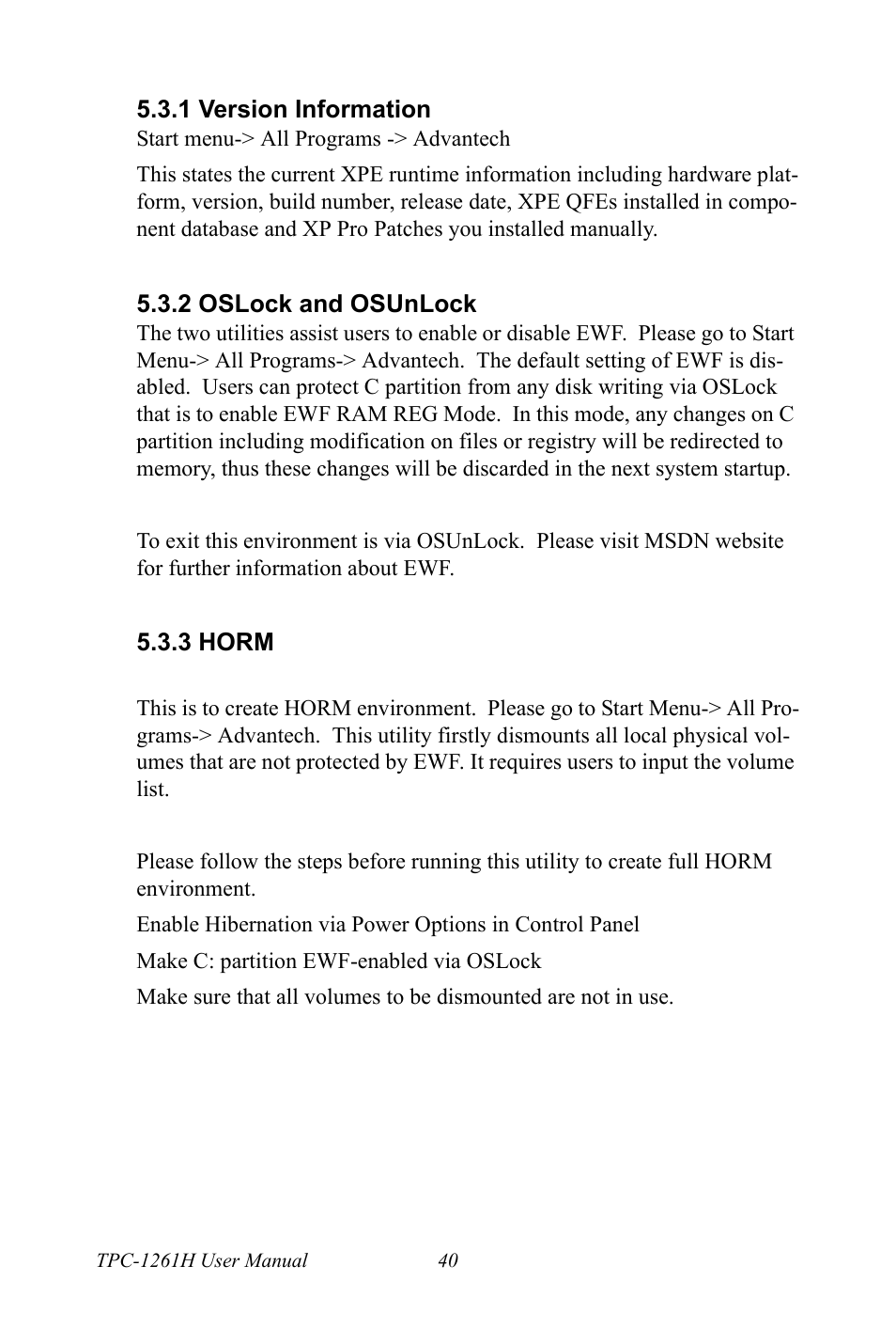 1 version information, 2 oslock and osunlock, 3 horm | Version information, Oslock and osunlock, Horm | Advantech TPC-1261H User Manual | Page 50 / 106