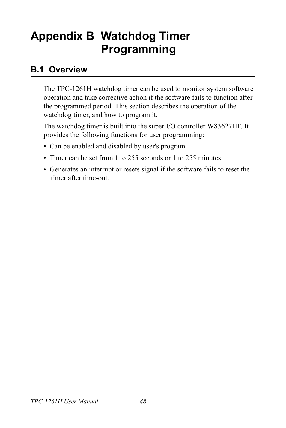 Appendix b watchdog timer programming, B.1 overview, Overview | Advantech TPC-1261H User Manual | Page 58 / 106