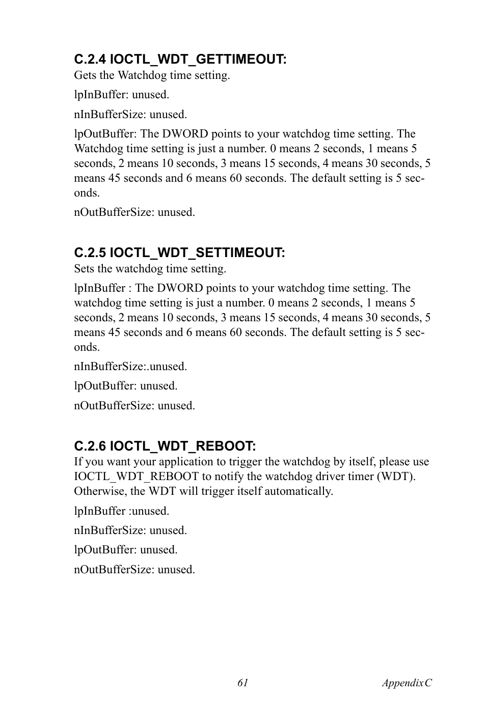 C.2.4 ioctl_wdt_gettimeout, C.2.5 ioctl_wdt_settimeout, C.2.6 ioctl_wdt_reboot | Advantech TPC-1261H User Manual | Page 71 / 106