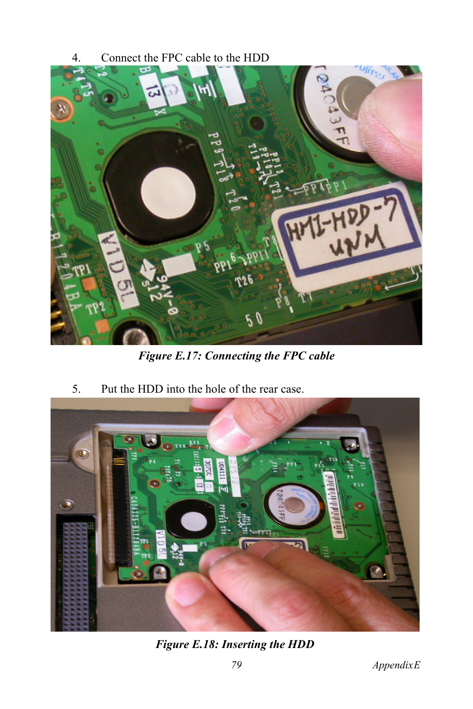 Figure e.17: connecting the fpc cable, Figure e.18: inserting the hdd | Advantech TPC-1261H User Manual | Page 89 / 106