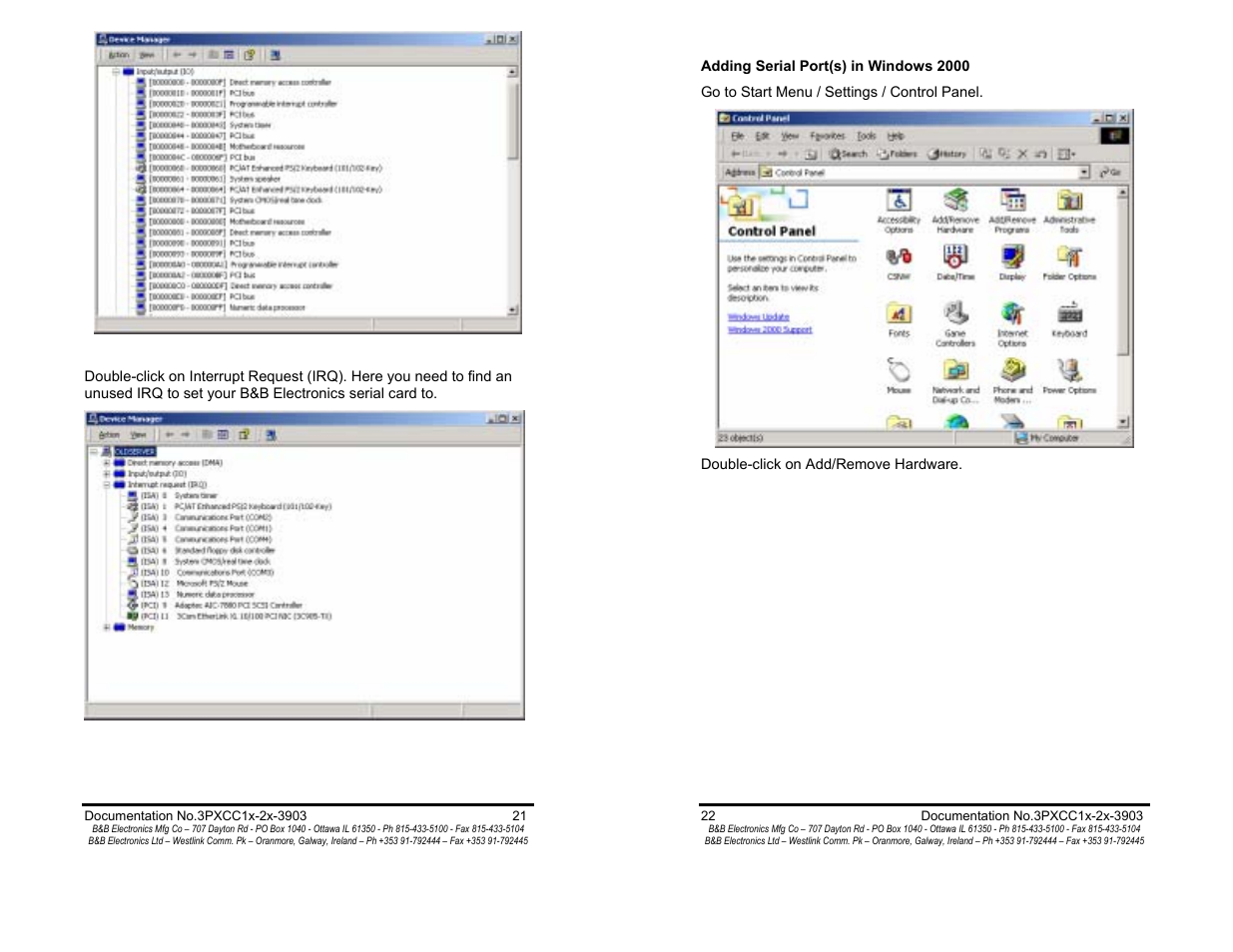 Adding serial ports in win 2000 - pg 22 | B&B Electronics 3PXCC1A User Manual | Page 13 / 25