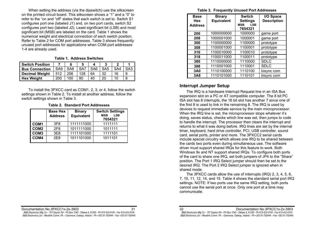 Interrupt jumper setup - pg 32 | B&B Electronics 3PXCC1A User Manual | Page 18 / 25