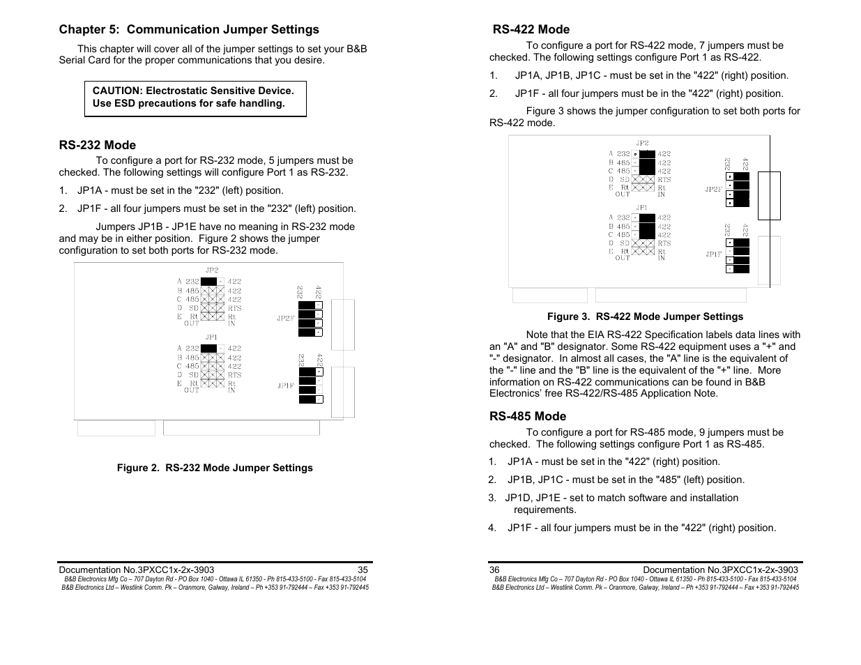 Chapter 5: communication jumper settings - pg 35, Rs-232 mode - pg 35, Rs-422 mode - pg 36 | Rs-485 mode - pg 36 | B&B Electronics 3PXCC1A User Manual | Page 20 / 25