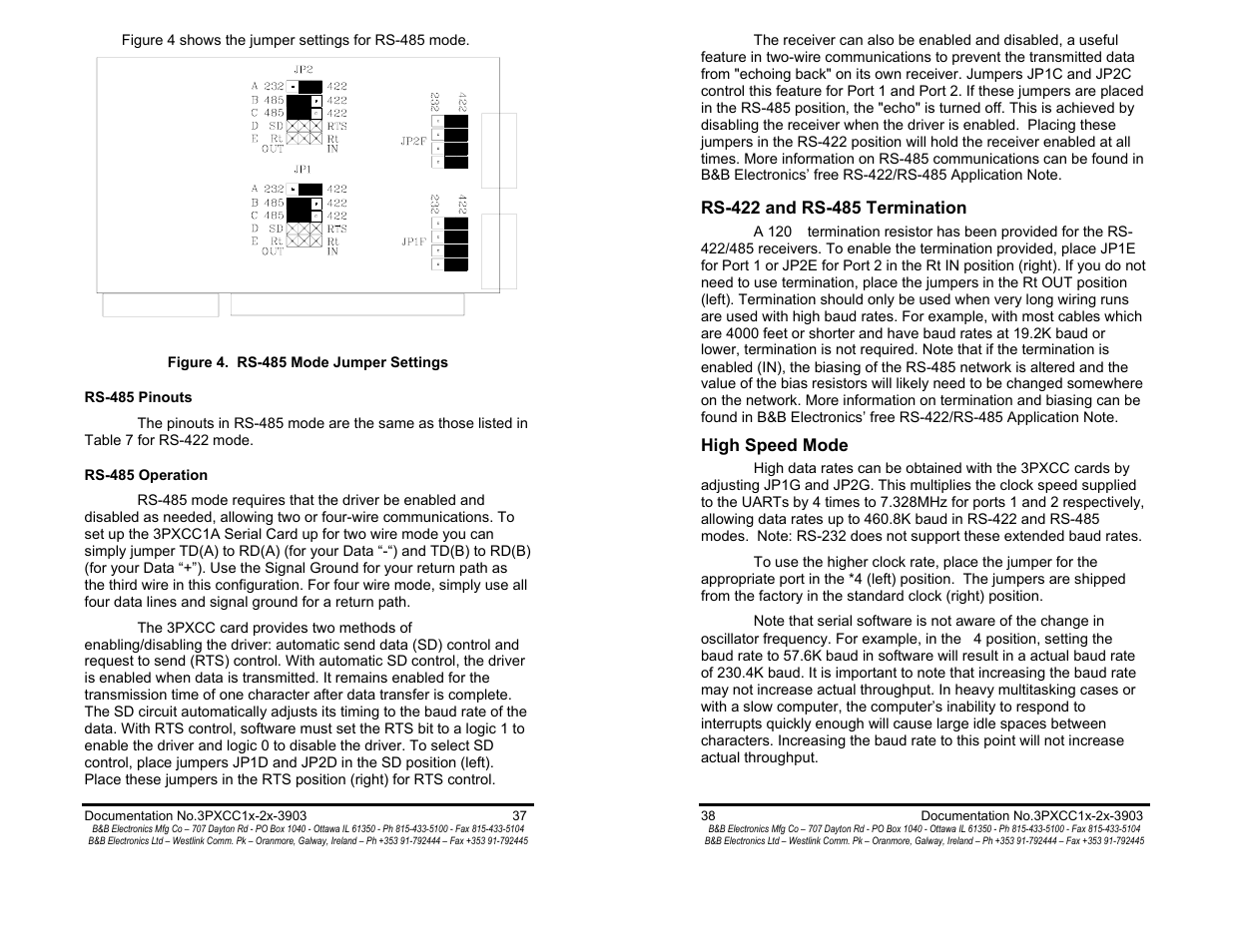 Rs-485 pinouts - pgs 37, Rs-485 operation - pg 37, Rs-422 and rs-485 termination - pg 38 | High-speed mode - pg 38 | B&B Electronics 3PXCC1A User Manual | Page 21 / 25