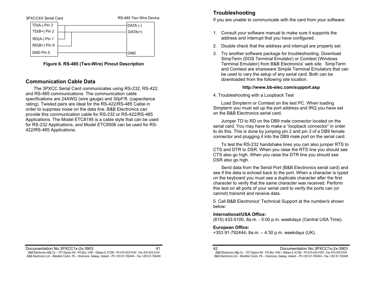 Communication cable data - pg 41, Troubleshooting - pg 42 | B&B Electronics 3PXCC1A User Manual | Page 23 / 25