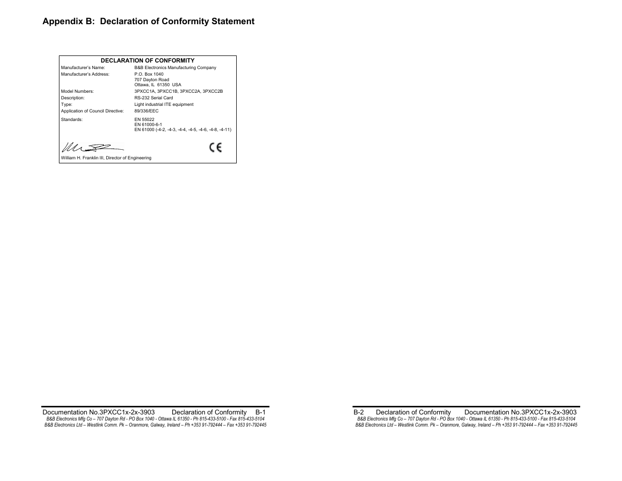 Appendix b: declaration of conformity - pg b-1, Appendix b: declaration of conformity statement | B&B Electronics 3PXCC1A User Manual | Page 25 / 25