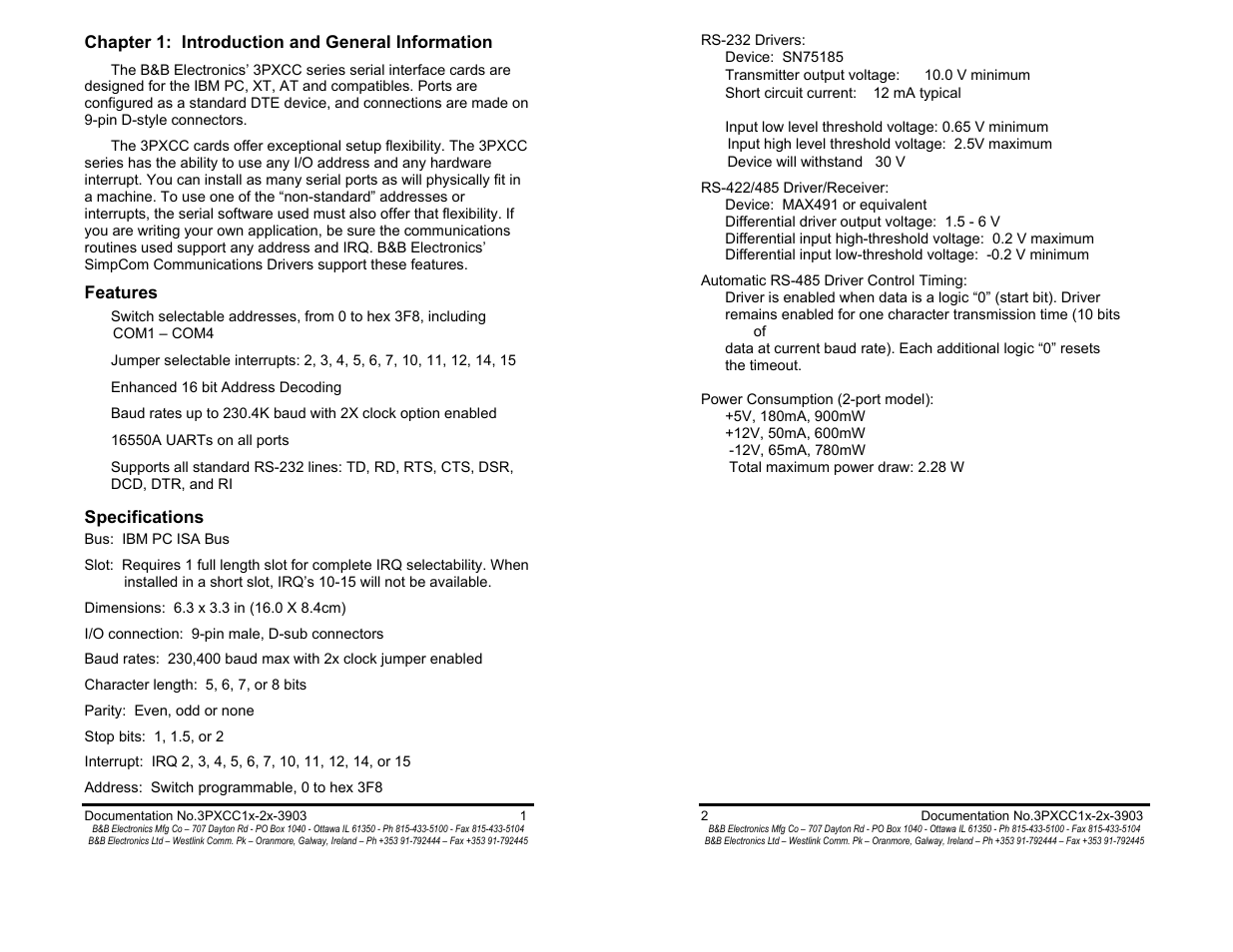 Chapter 1: introduction/general info - pg 1, Features - pg 1, Specifications - pg 1 | B&B Electronics 3PXCC1A User Manual | Page 3 / 25