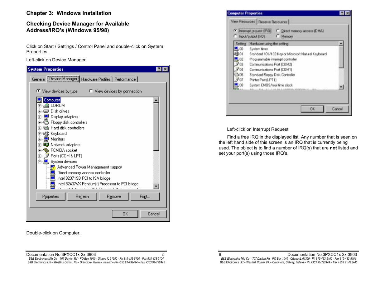 Chapter 3: windows installation - pg 5, Checking device mgr for address/irqs - pg 5 | B&B Electronics 3PXCC1A User Manual | Page 5 / 25