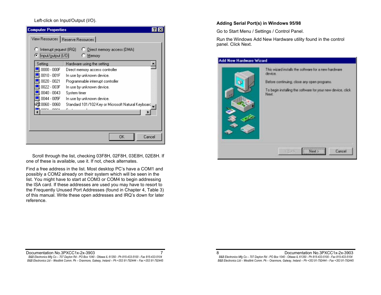 Adding serial ports in win95/98 - pg 8 | B&B Electronics 3PXCC1A User Manual | Page 6 / 25