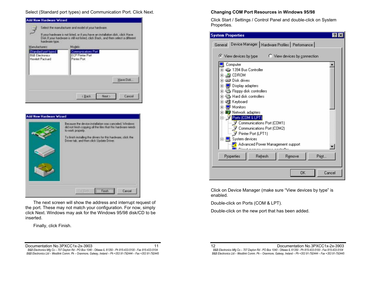 Changing com port resources in win95/98 - pg 8 | B&B Electronics 3PXCC1A User Manual | Page 8 / 25