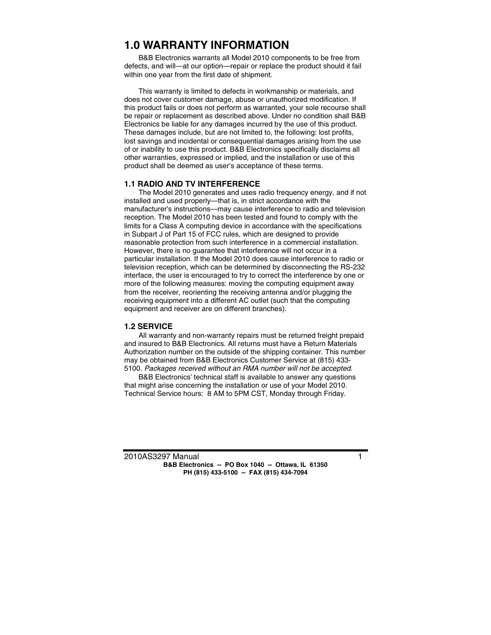 0 warranty information | B&B Electronics Asynchronous to Synchronous Converter 2010 User Manual | Page 3 / 12