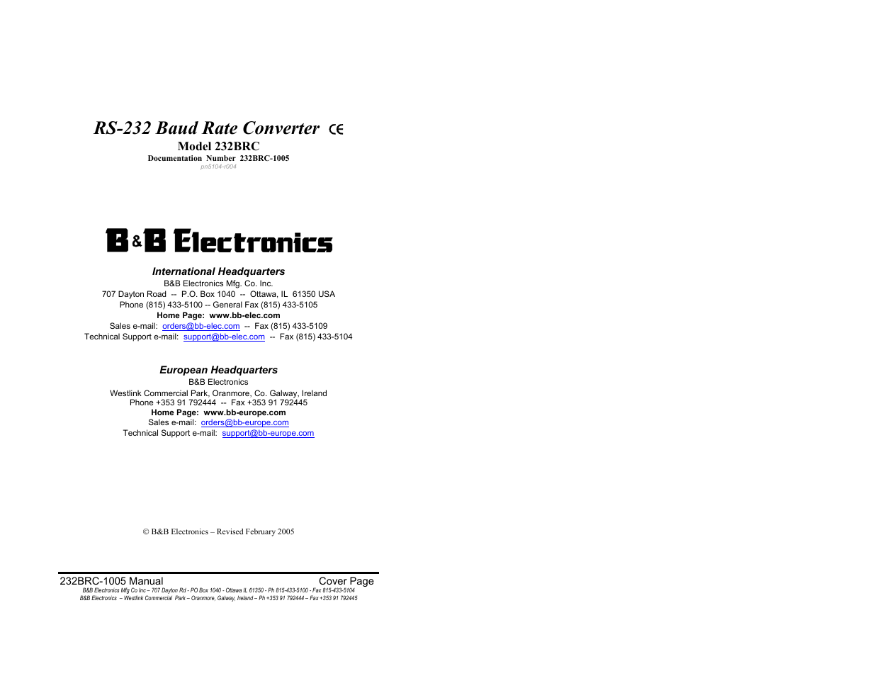 B&B Electronics RS-232 Baud Rate Converter CE 232BRC User Manual | 14 pages