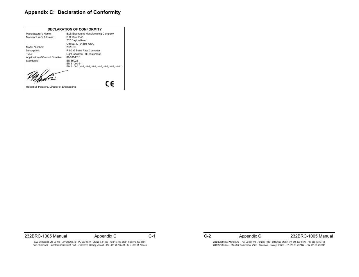 Appendix c: declaration of conformity | B&B Electronics RS-232 Baud Rate Converter CE 232BRC User Manual | Page 14 / 14