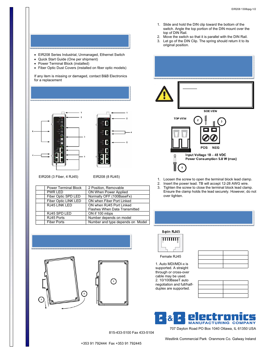 B&B Electronics EIR208 User Manual | 2 pages