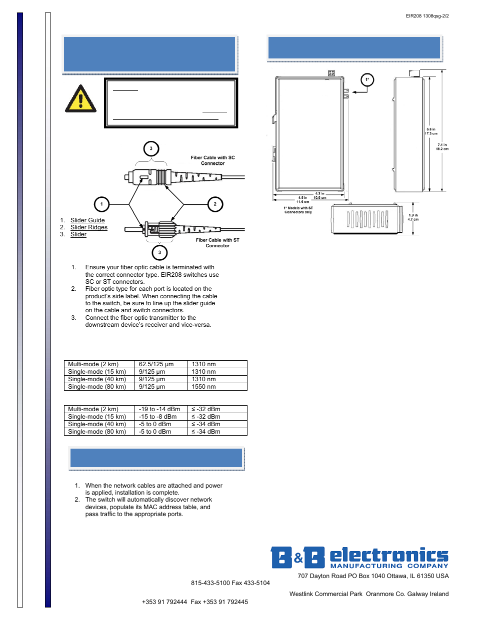 B&b electronics quick start guide, Attach fiber optic cable (if equipped), Installation complete | Mechanical diagram | B&B Electronics EIR208 User Manual | Page 2 / 2