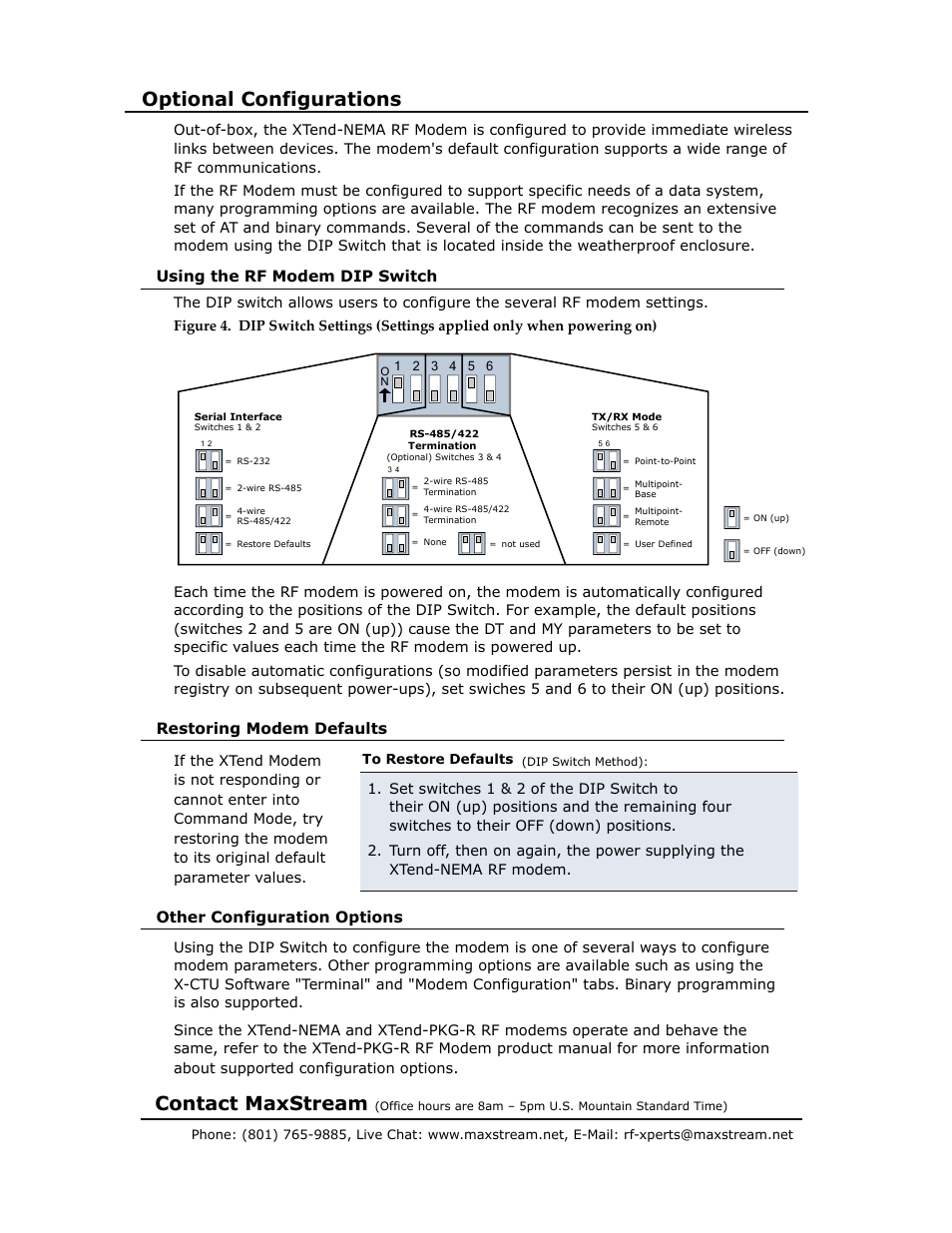 Optional configurations, Contact maxstream, Using the rf modem dip switch | MaxStream 9XTend-NEMA 485 RF User Manual | Page 4 / 4