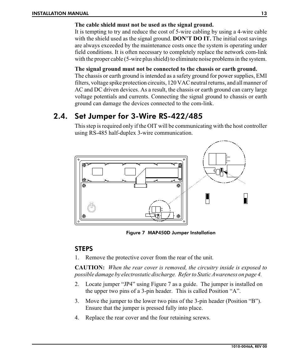 Set jumper for 3-wire rs-422/485 13, Set jumper for 3-wire rs-422/485, Steps | B&B Electronics MAP450D User Manual | Page 13 / 20