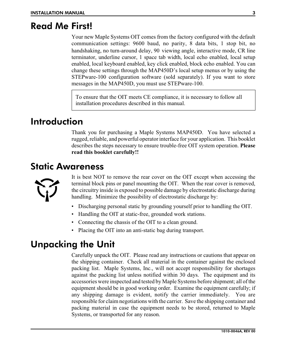 Read me first, Introduction, Static awareness | Unpacking the unit | B&B Electronics MAP450D User Manual | Page 3 / 20