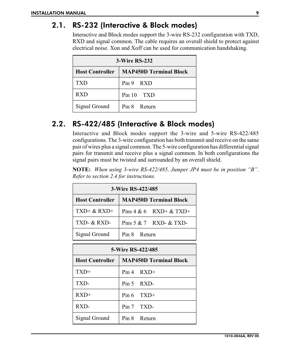 Rs-232 (in ter ac tive & block modes) 9, Rs-422/485 (in ter ac tive & block modes) 9, Rs-232 (interactive & block modes) | Rs-422/485 (interactive & block modes) | B&B Electronics MAP450D User Manual | Page 9 / 20
