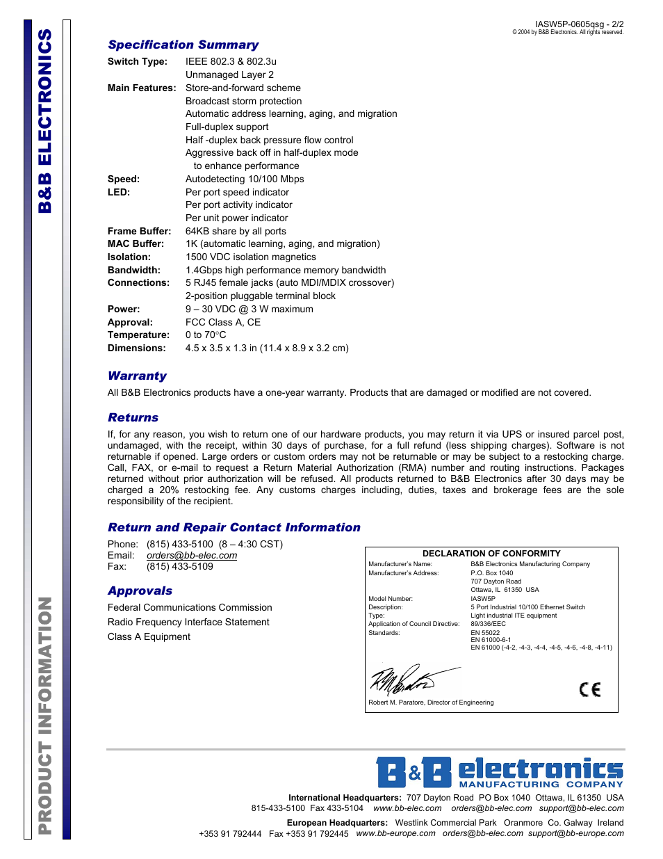 Product information b&b electronics, Specification summary, Warranty | Returns, Return and repair contact information, Approvals | B&B Electronics IASW5P User Manual | Page 2 / 2