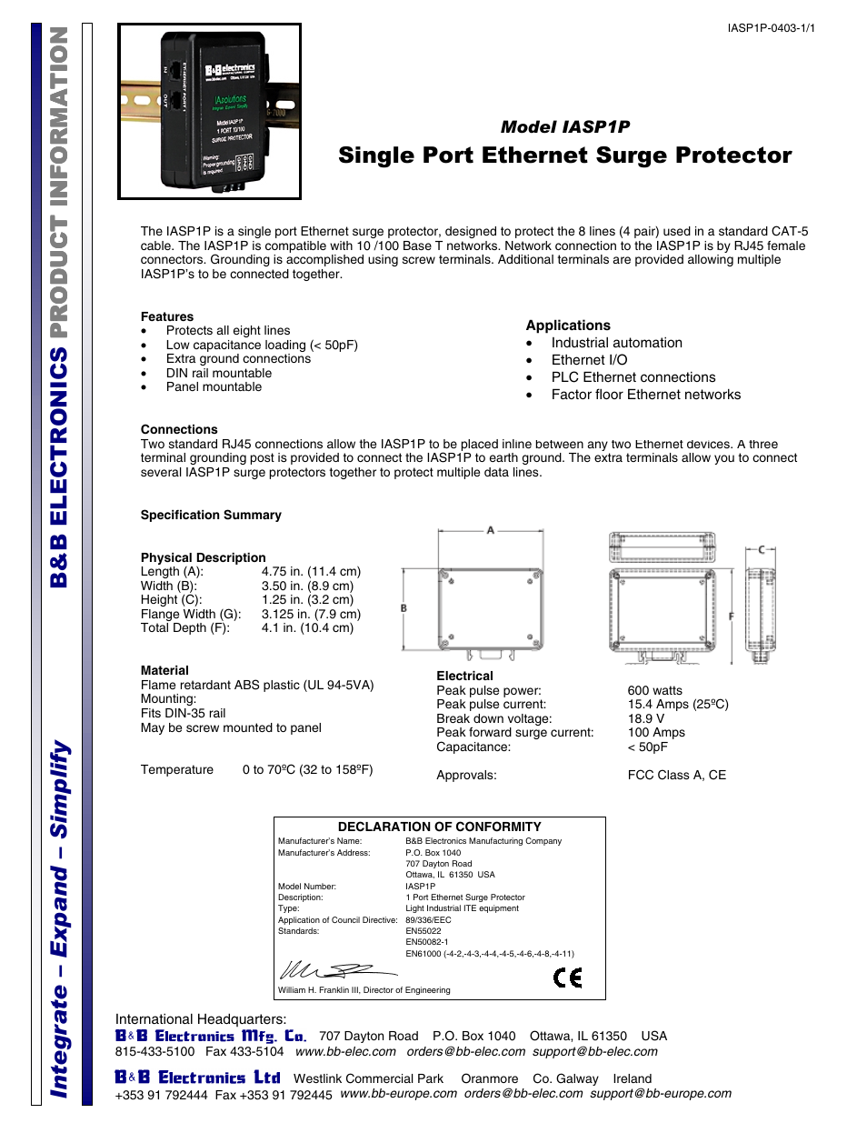 B&B Electronics IASP1P User Manual | 1 page