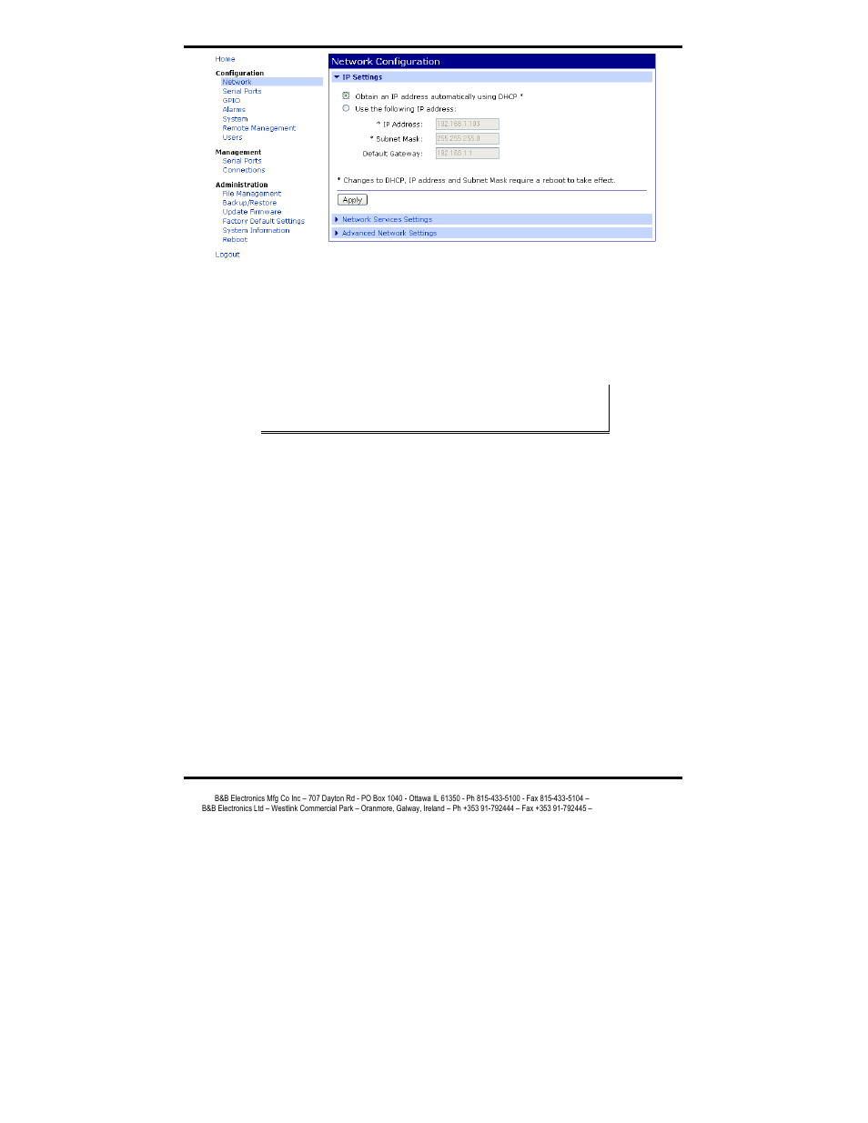 Ip settings, Network services settings, Advanced network settings | B&B Electronics RS-232 to Ethernet Converter ES1A User Manual | Page 26 / 54