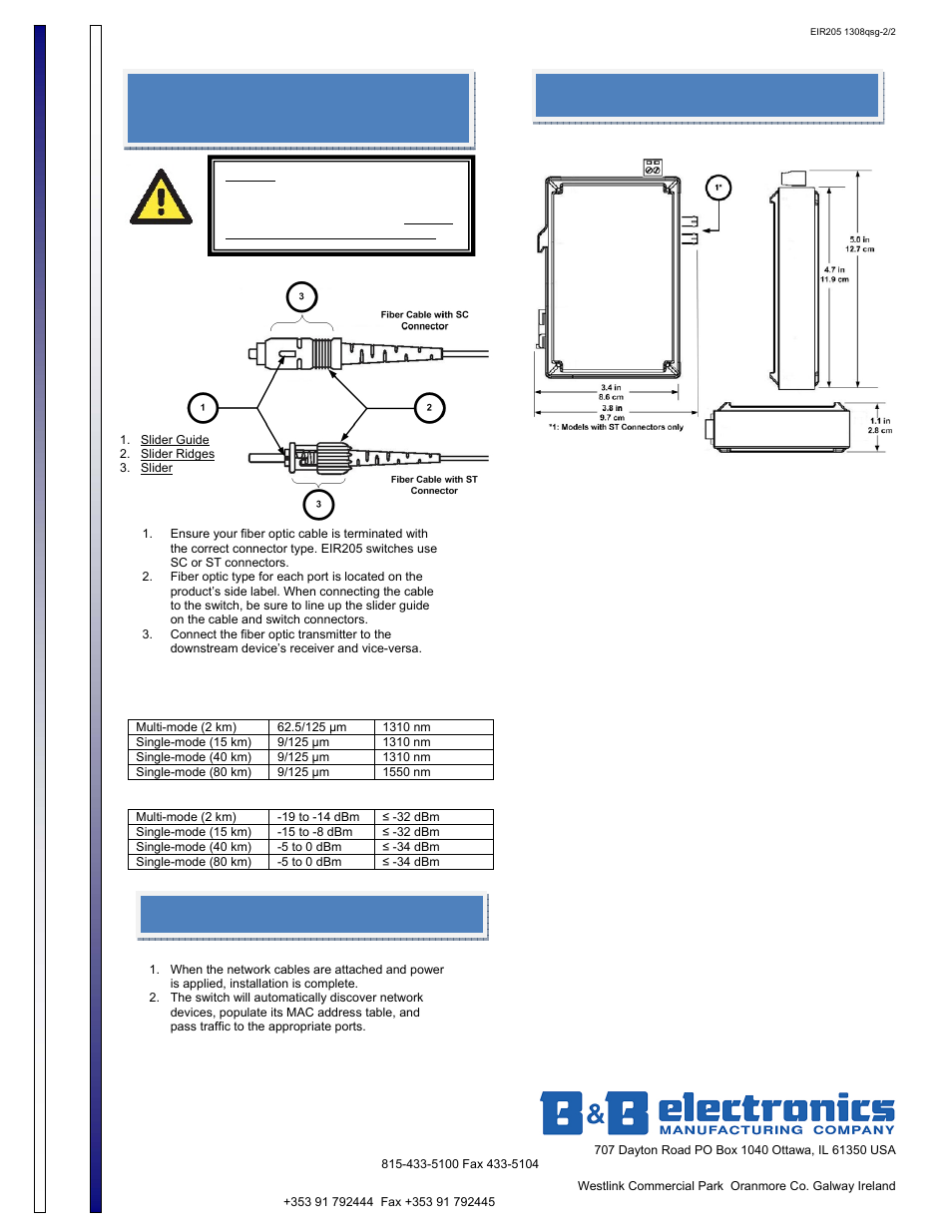 B&b electronics quick start guide, Attach fiber optic cable (if equipped), Installation complete | Mechanical diagram | B&B Electronics EIR205 User Manual | Page 2 / 2