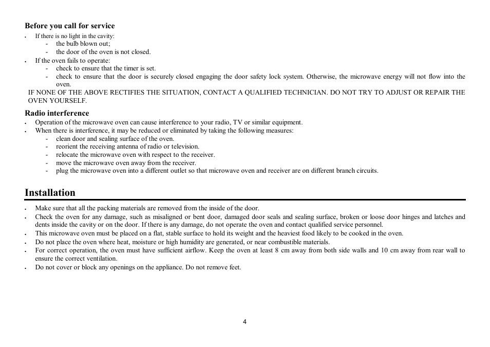 Installation, Before you call for service, Radio interference | Hyundai H-MW3120 User Manual | Page 4 / 16