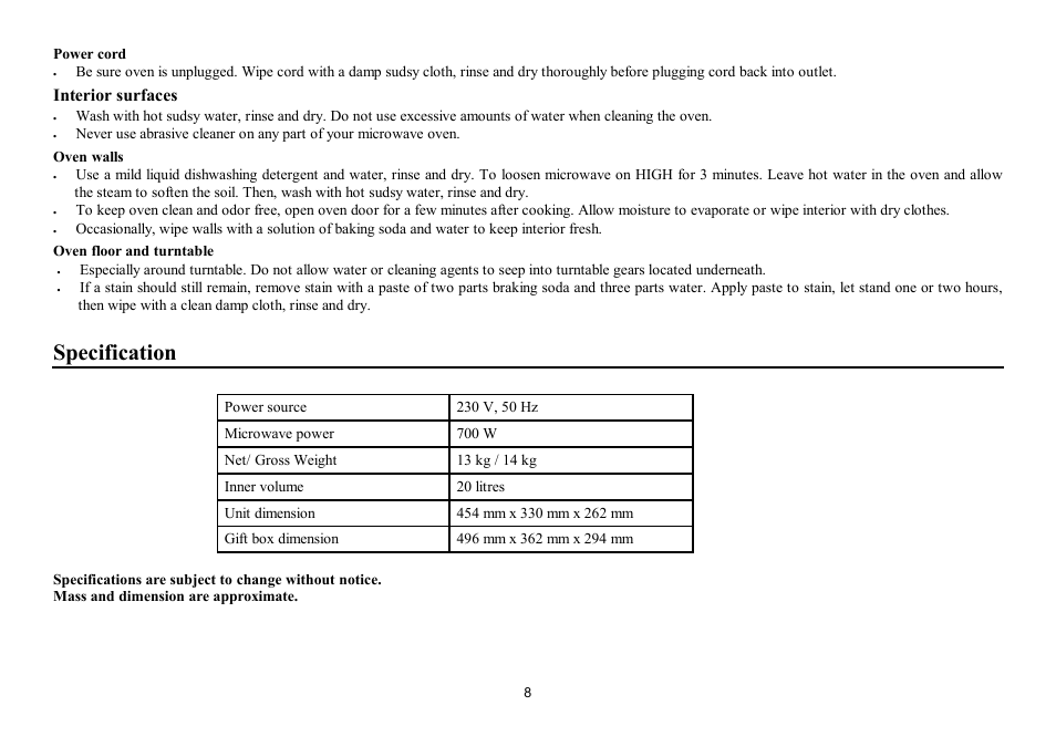 Specification | Hyundai H-MW3120 User Manual | Page 8 / 16