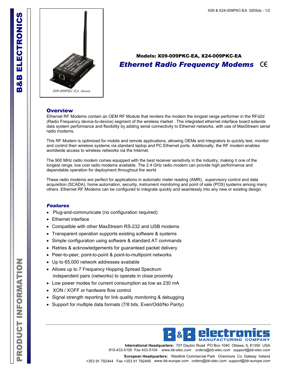 B&B Electronics X09-009PKC-EA User Manual | 2 pages