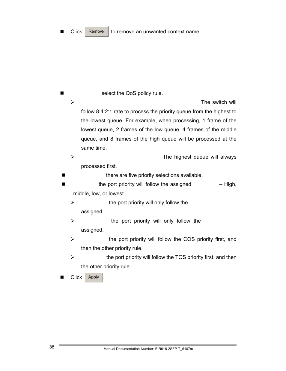 Qos configuration, Qos policy and priority type | B&B Electronics EIR618-2SFP-T User Manual | Page 100 / 116