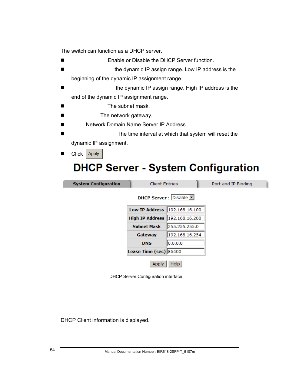 Dhcp server – system configuration, Dhcp server – client entries | B&B Electronics EIR618-2SFP-T User Manual | Page 66 / 116