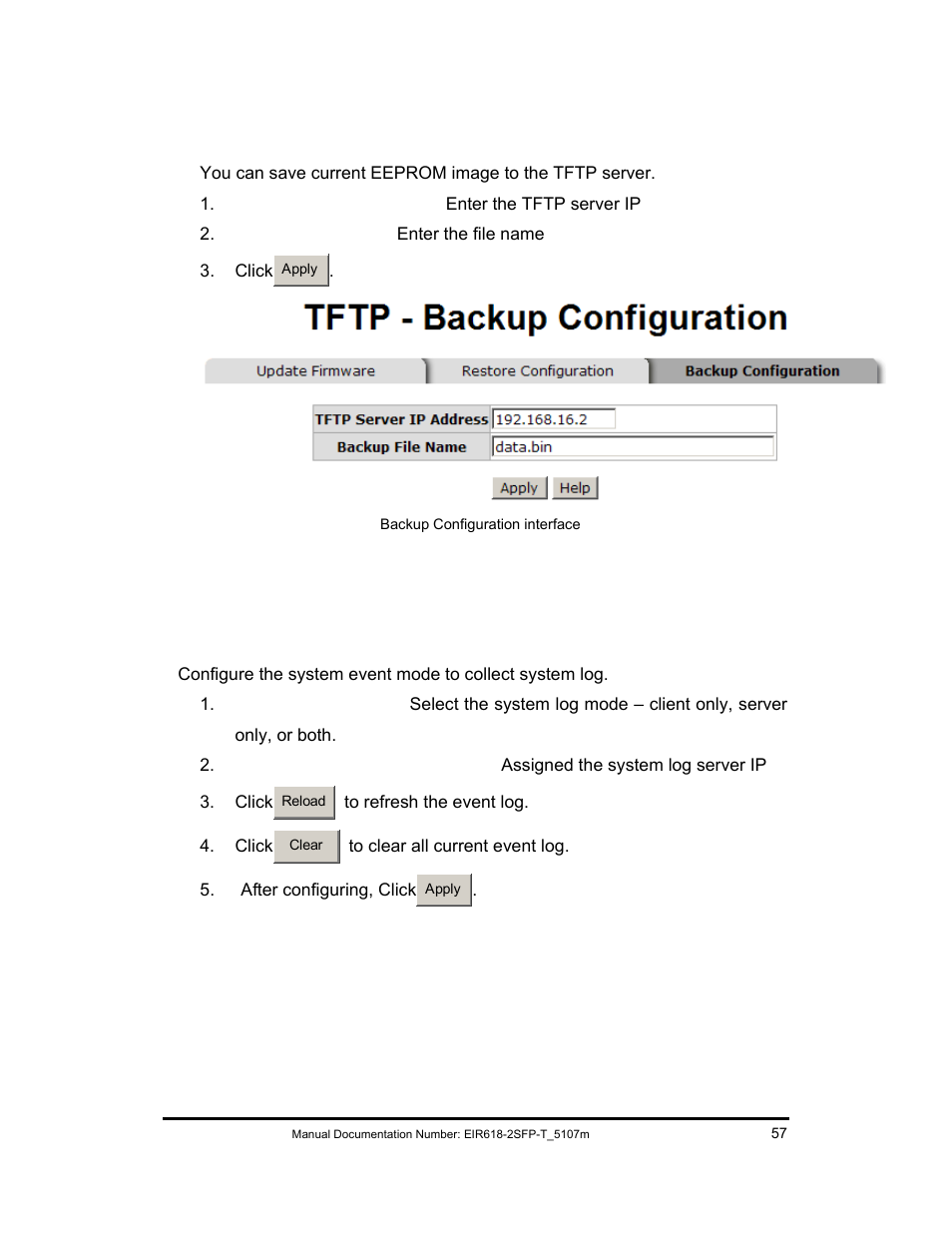 Tftp - backup configuration, System event log – syslog configuration | B&B Electronics EIR618-2SFP-T User Manual | Page 69 / 116