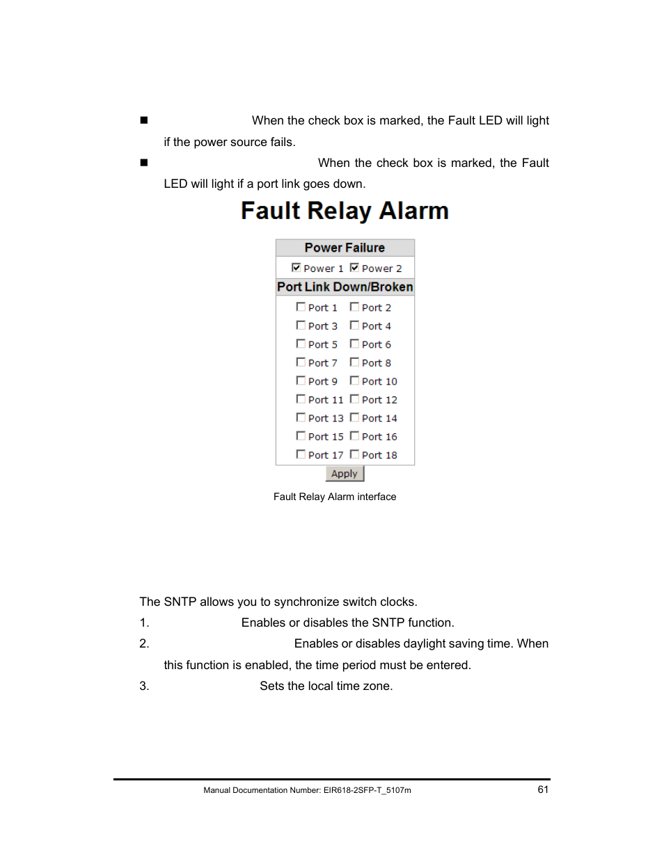 Fault relay alarm, Sntp configuration | B&B Electronics EIR618-2SFP-T User Manual | Page 73 / 116