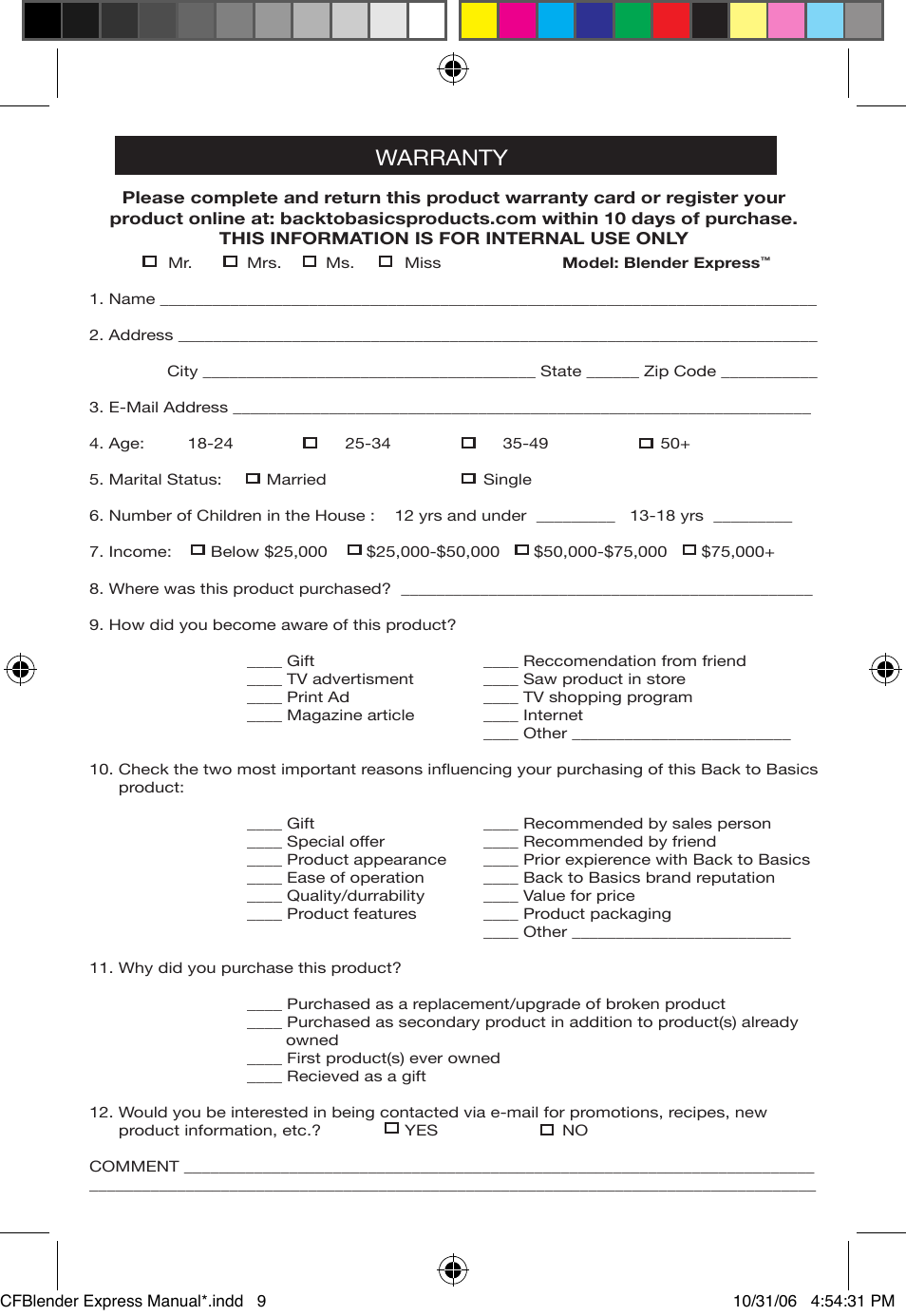 Warranty | West Bend Back to Basics Chris Freytag BPE3CF User Manual | Page 9 / 10