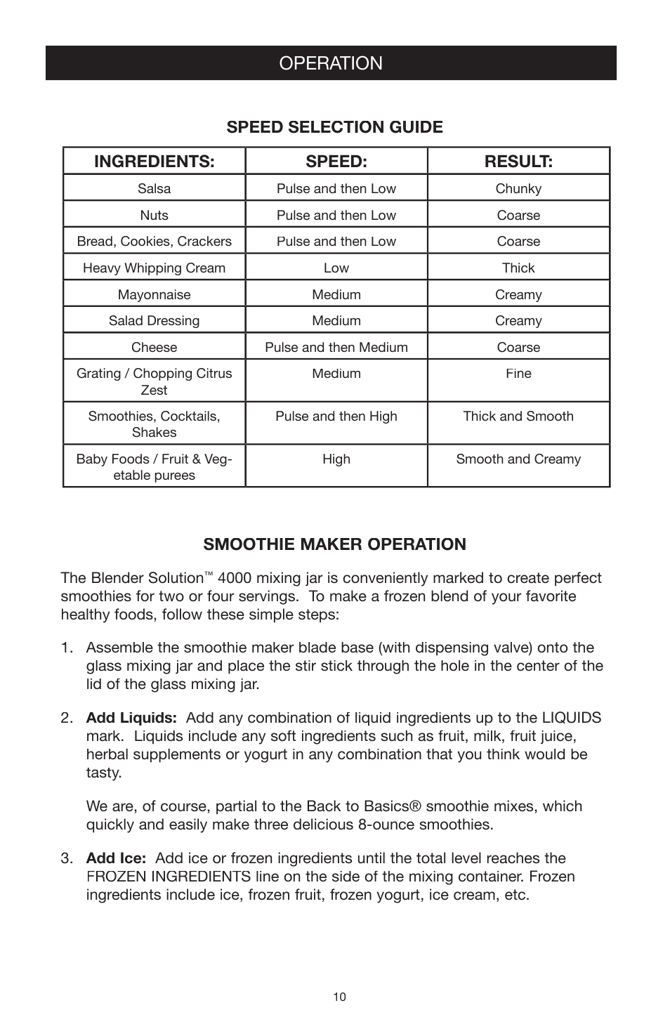 Operation, Smoothie maker operation, Ingredients: speed: result | Speed selection guide | West Bend Back to Basics blender solution 4000 User Manual | Page 10 / 21