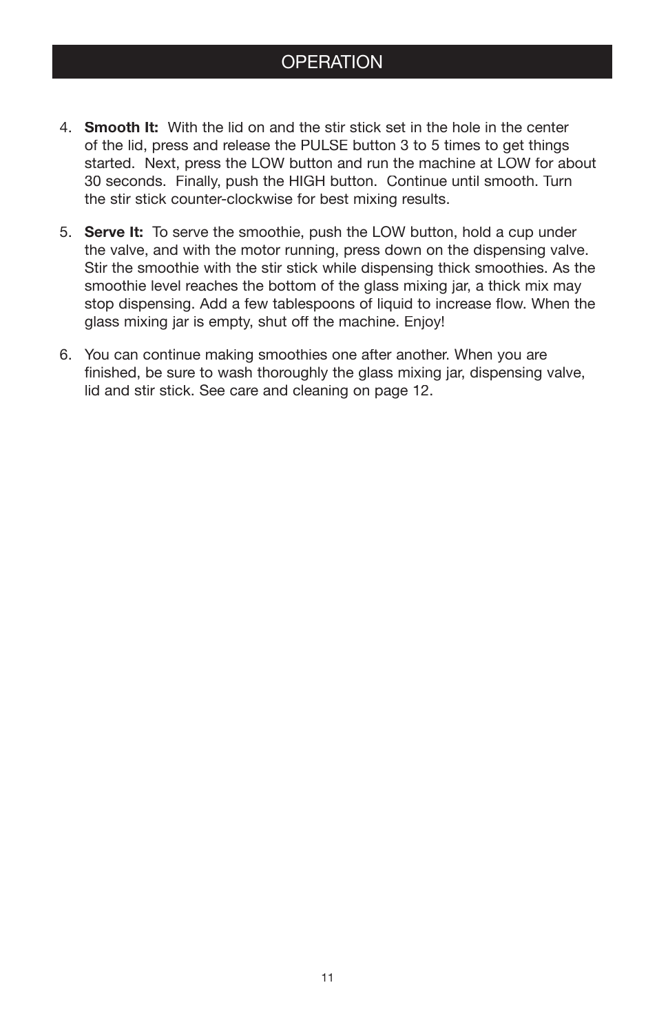 Operation | West Bend Back to Basics blender solution 4000 User Manual | Page 11 / 21
