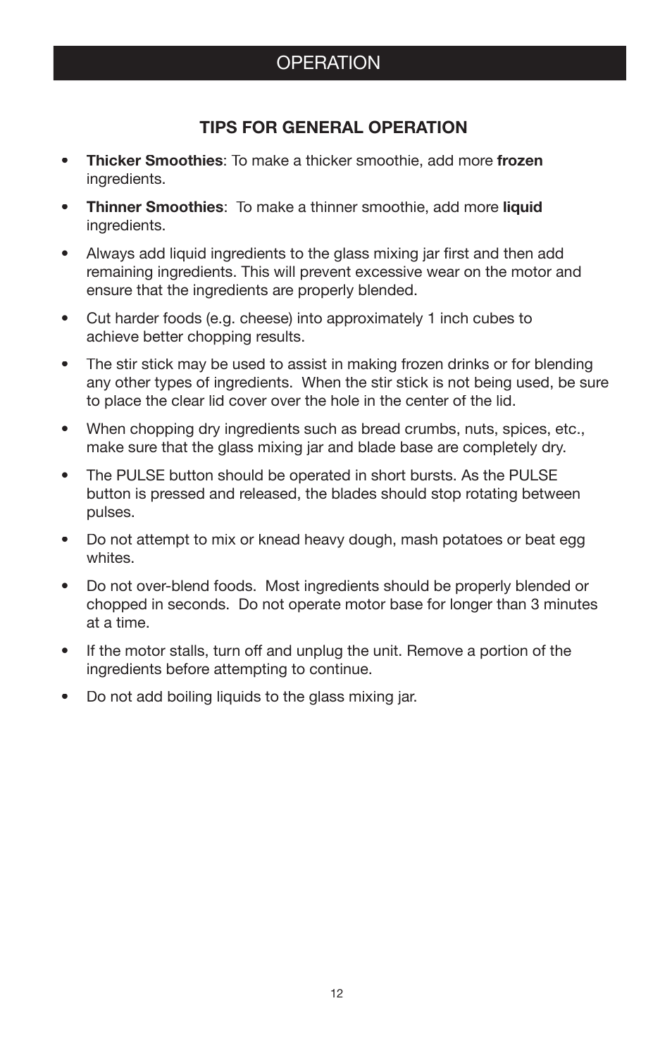 Operation | West Bend Back to Basics blender solution 4000 User Manual | Page 12 / 21