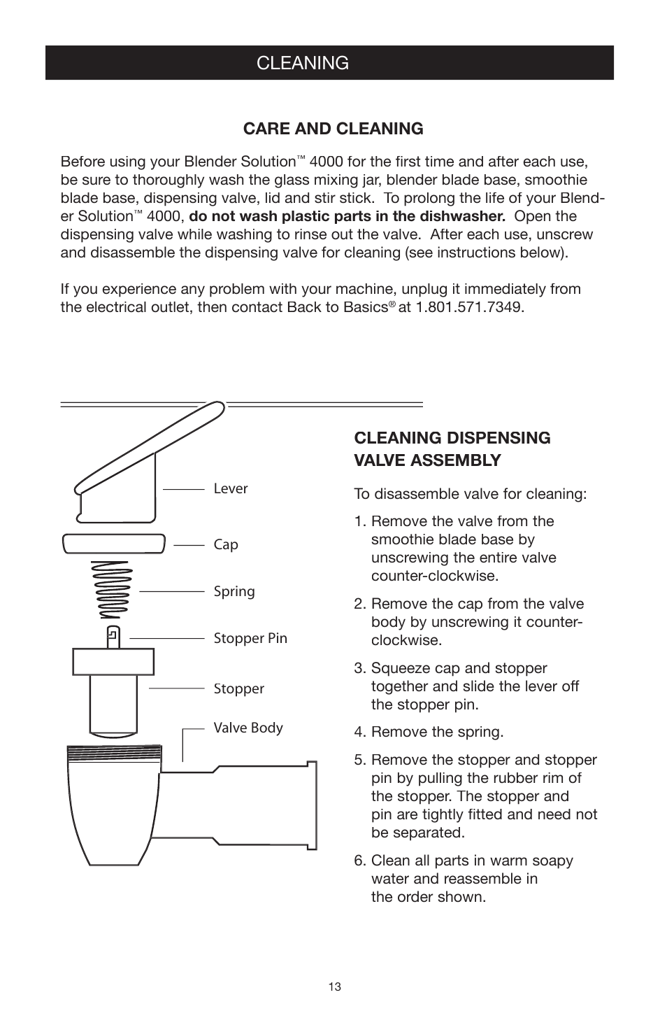 Cleaning, Care and cleaning, Cleaning dispensing valve assembly | West Bend Back to Basics blender solution 4000 User Manual | Page 13 / 21
