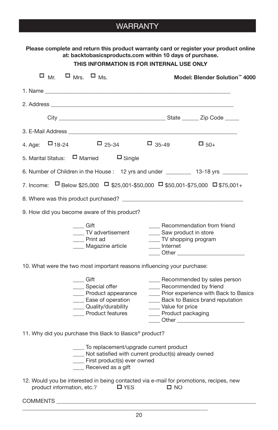 Warranty | West Bend Back to Basics blender solution 4000 User Manual | Page 20 / 21