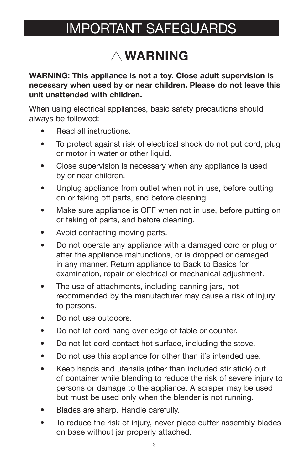 Important safeguards, Warning | West Bend Back to Basics blender solution 4000 User Manual | Page 3 / 21