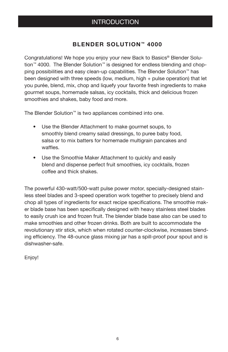 Introduction, Blender solution | West Bend Back to Basics blender solution 4000 User Manual | Page 6 / 21