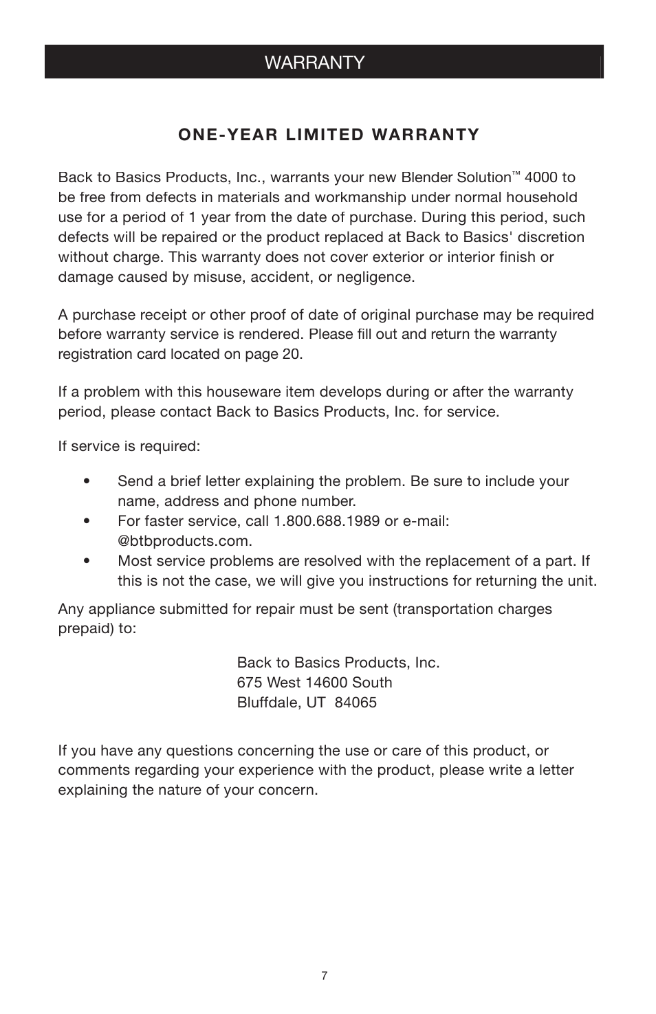 Warranty | West Bend Back to Basics blender solution 4000 User Manual | Page 7 / 21