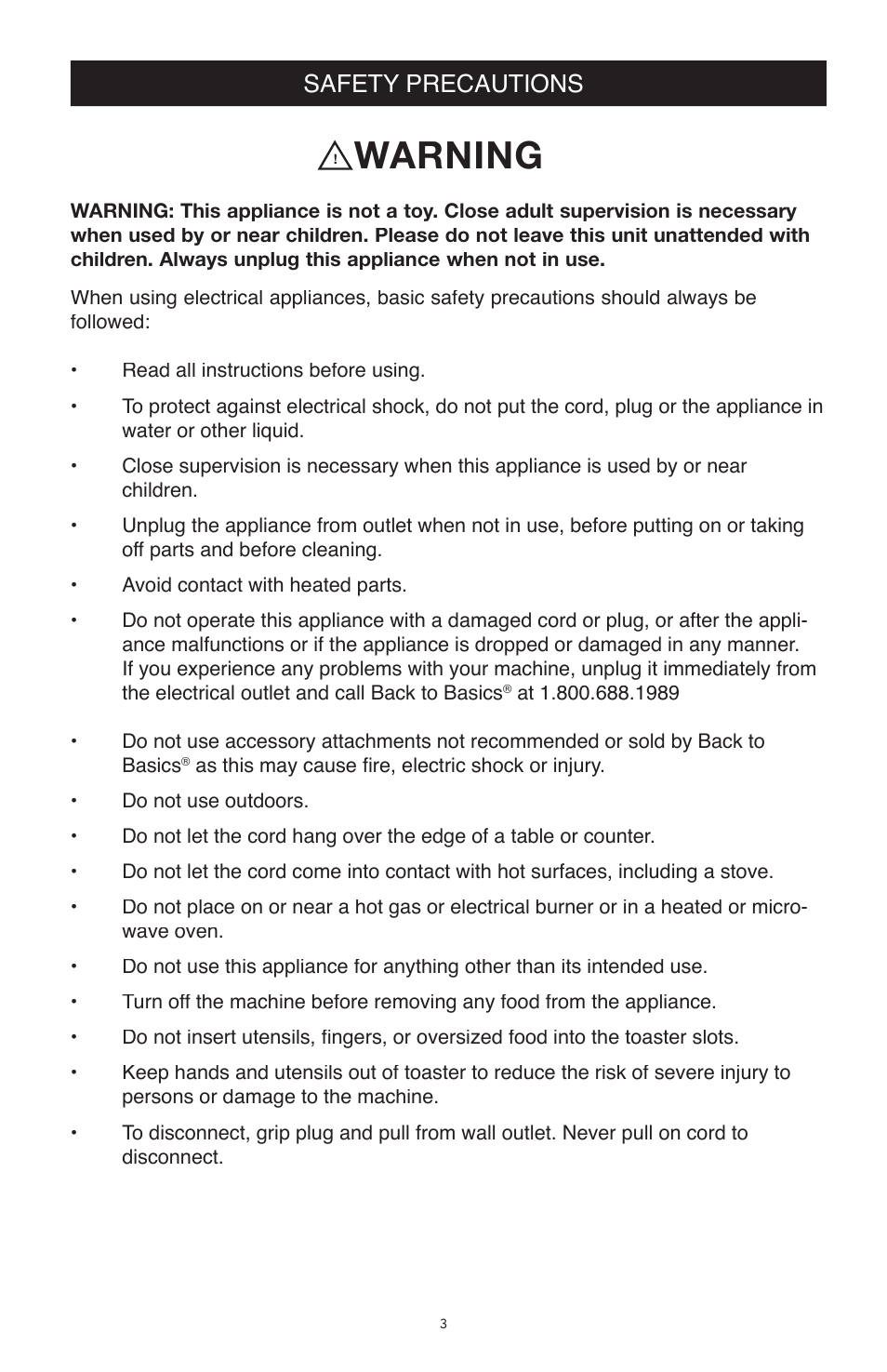 Warning, Safety precautions | West Bend Back to Basics TEM500PDWH User Manual | Page 3 / 13
