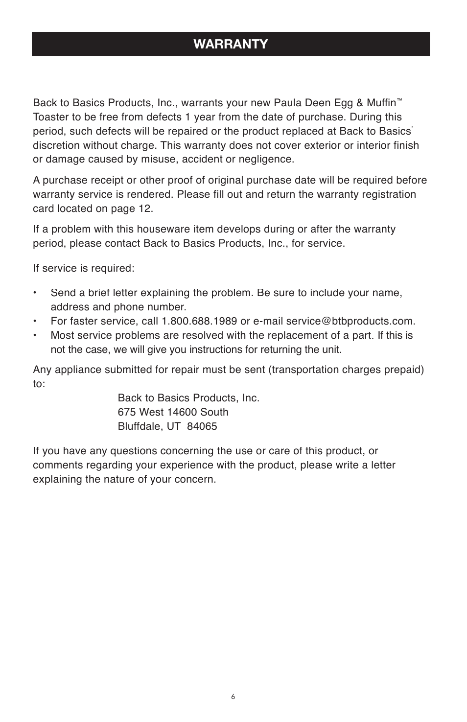 Warranty | West Bend Back to Basics TEM500PDWH User Manual | Page 6 / 13