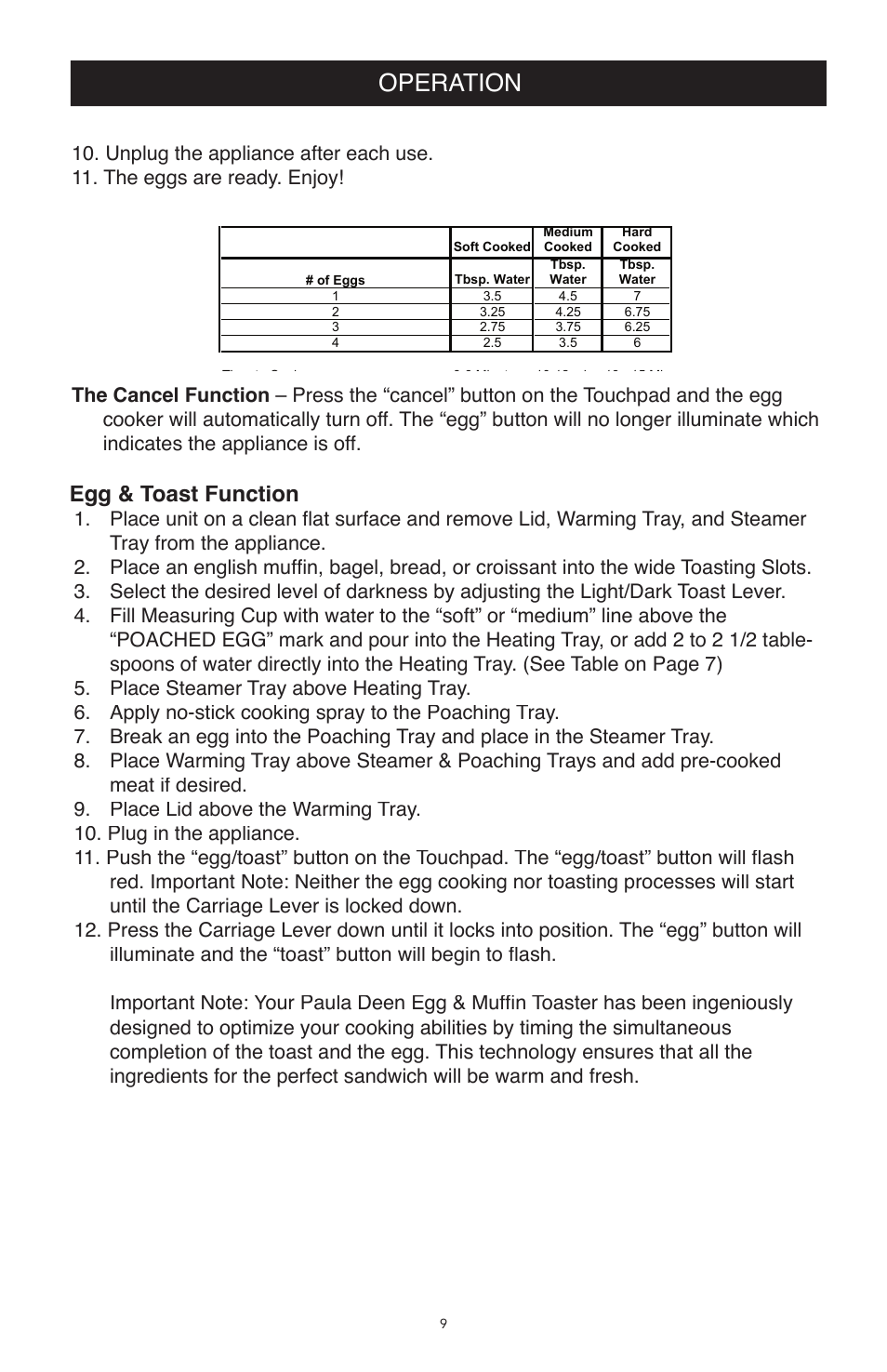 Operation, Egg & toast function | West Bend Back to Basics TEM500PDWH User Manual | Page 9 / 13