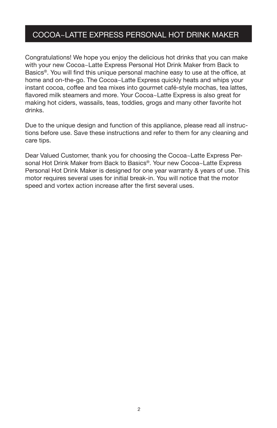 Cocoa~latte express personal hot drink maker | West Bend Back to Basics MX3000INST User Manual | Page 3 / 12