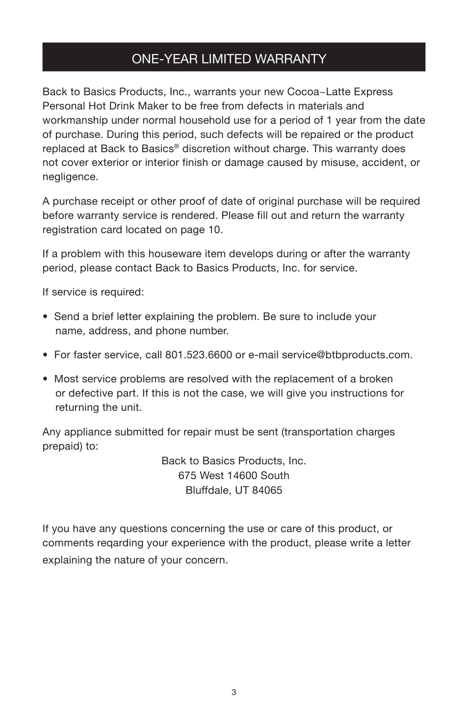 One-year limited warranty | West Bend Back to Basics MX3000INST User Manual | Page 4 / 12
