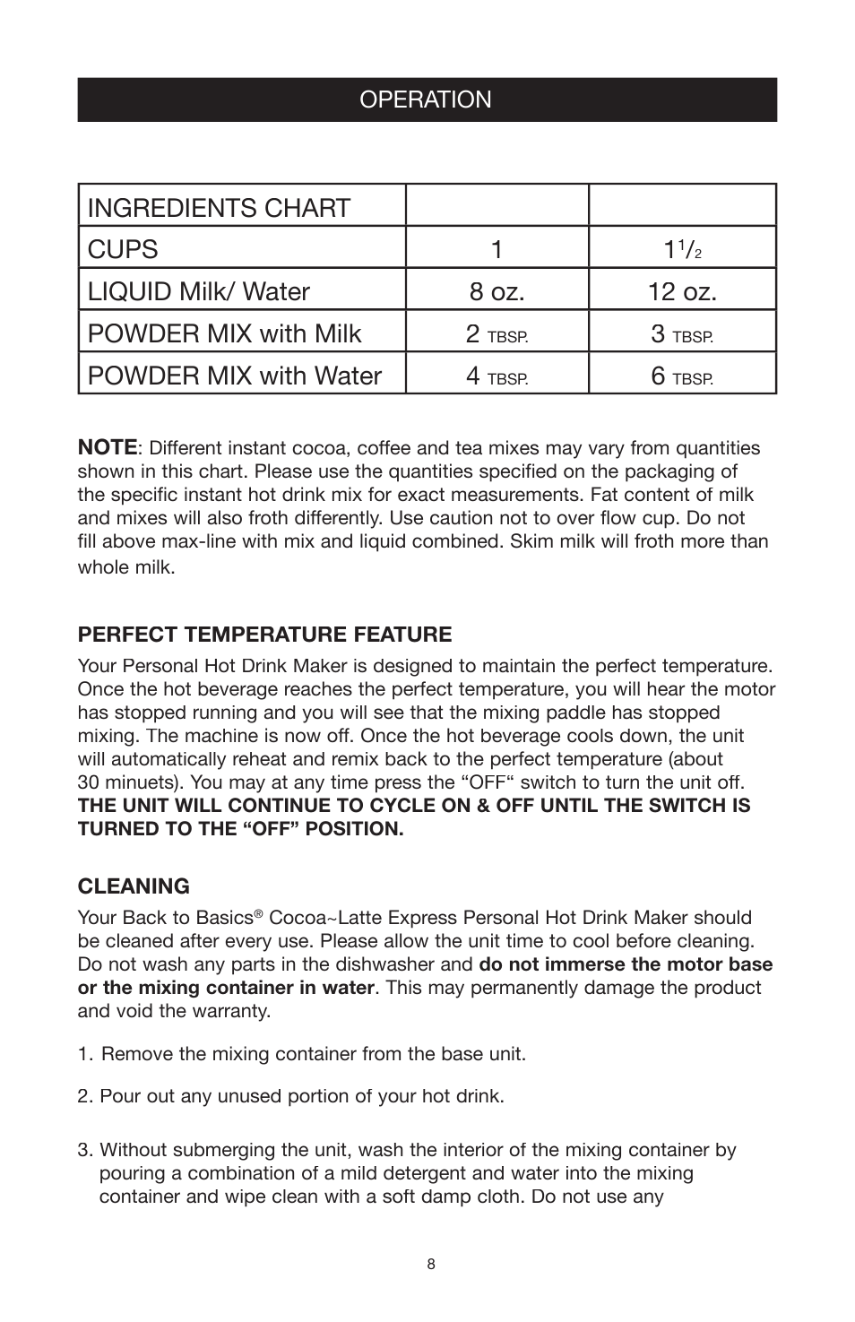 Ingredients chart cups 1 1, Powder mix with water 4 | West Bend Back to Basics MX3000INST User Manual | Page 9 / 12