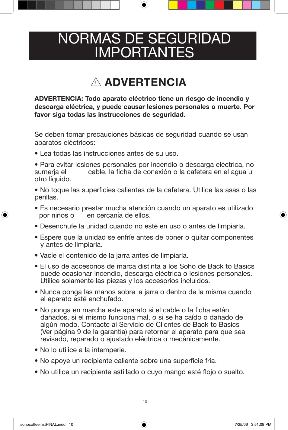 Normas de seguridad importantes, Advertencia | West Bend Back to Basics Soho Coffeemaker User Manual | Page 10 / 26